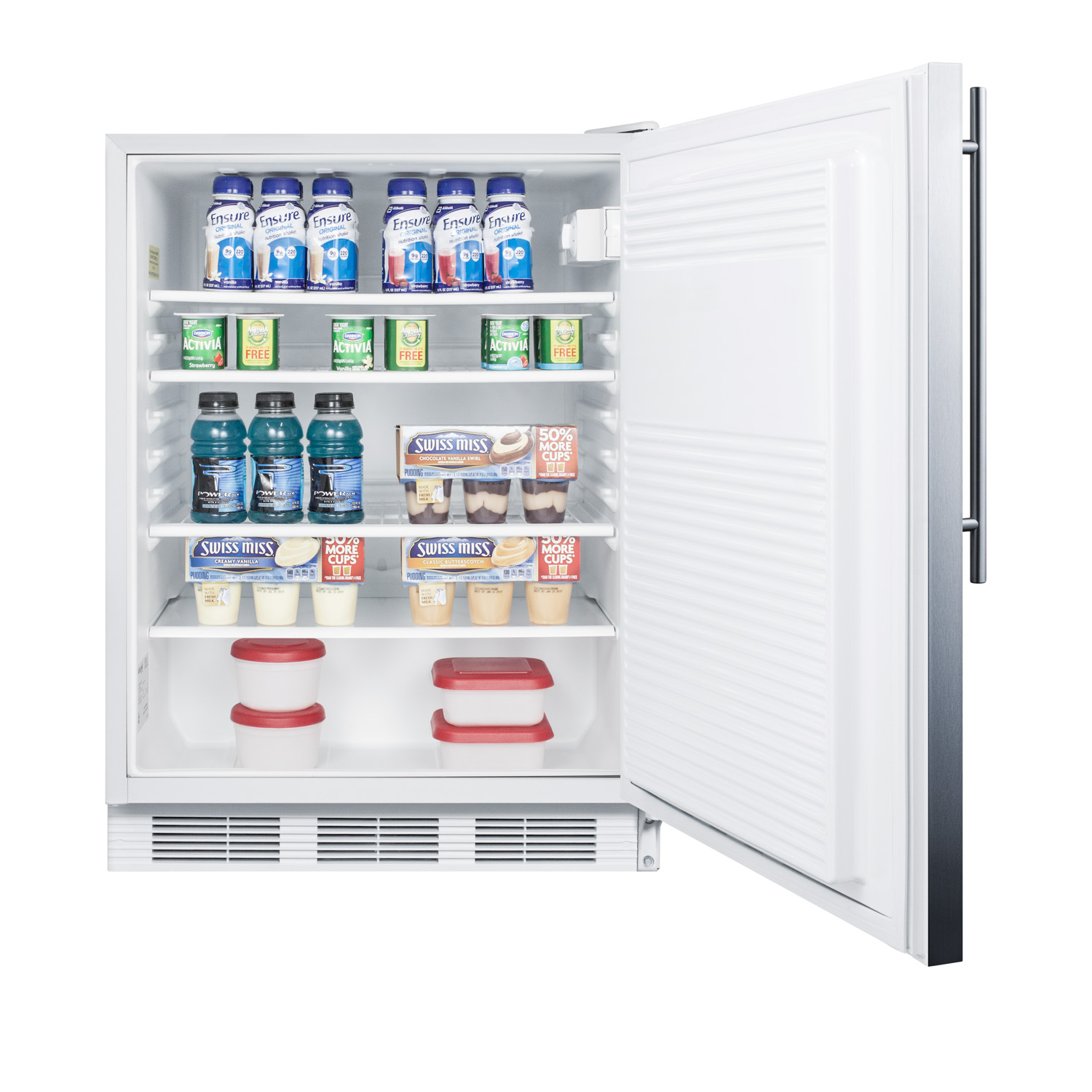 ADA compliant built-in undercounter all-refrigerator for general purpose or commercial use, auto defrost w/lock, SS door, thin handle, and white cabinet